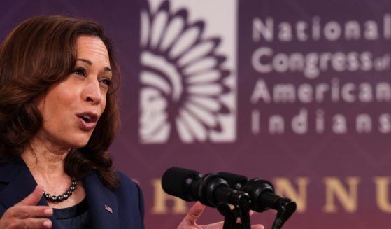 Vice President Kamala Harris delivers remarks at the National Congress of American Indians' 78th annual convention in the Eisenhower Executive Office Building in Washington, D.C., on Oct. 12, 2021.