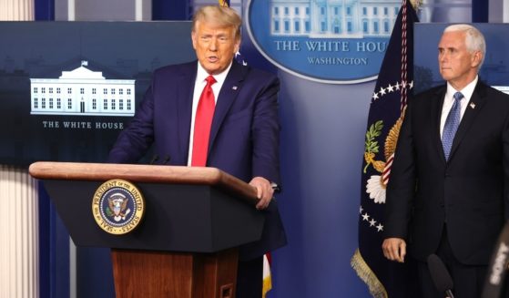 Then-President Donald Trump is seen speaking while standing next to his vice president, Mike Pence, in the James Brady Press Briefing Room at the White House in Washington on Nov. 24.