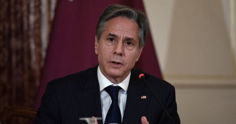 Secretary of State Antony Blinken speaks during a news conference with Qatar's Foreign Minister Sheikh Mohammed bin Abdulrahman Al Thani following a signing ceremony at the State Department in Washington, D.C., on Friday.