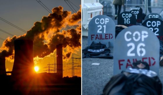 Climate activists, right, dismiss the recent UN COP26 climate conference and its predecessors as failures, since the final agreement allows coal plants in some of the world's most heavily polluting countries to continue operation.