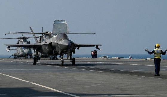 An F-35B fighter jet prepares for takeoff from the flight deck of HMS Queen Elizabeth in the Arabian Sea on Oct. 21.