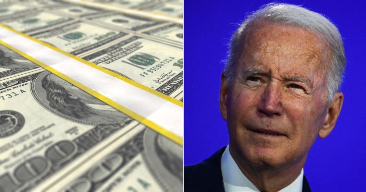 Stacks of $100 bills, left, and President Joe Biden, right.