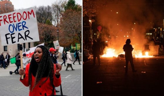 A protester, left, holds a sign during a "No Lockdown in NYC" demonstration at Union Square in New York on Nov. 22, 2020. On the flip side, a rioter watches a fire burn in the street after clashing with law enforcement near the Seattle Police Departments East Precinct on June 8, 2020 in Seattle, Washington.