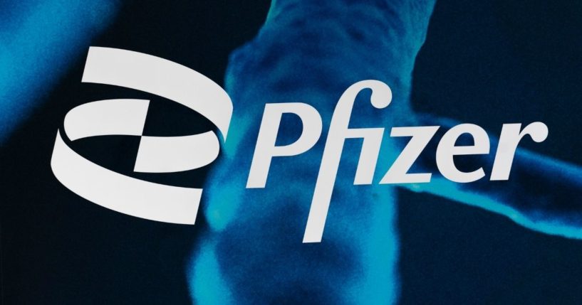 The Pfizer logo is displayed at the company's headquarters in New York on Feb. 5.