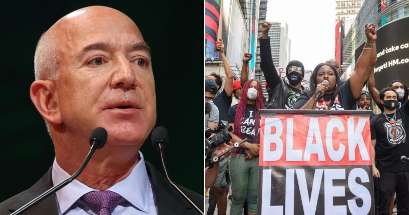 At left, Amazon founder Jeff Bezos speaks during the U.N. Climate Change Conference in Glasgow, Scotland, on Nov. 2. At right, Black Lives Matter activists speak during a rally in New York's Times Square on June 7, 2020.