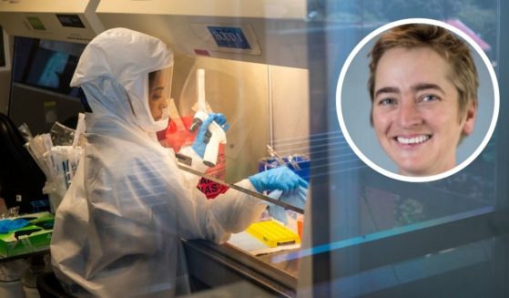 A scientist at the Africa Health Research Institute in Durban, South Africa, works on the omicron variant of the COVID-19 virus Wednesday. South African virologist Penny Moore, inset, said research found no detectable neutralization of the omicron variant provided by the Johnson & Johnson vaccine.