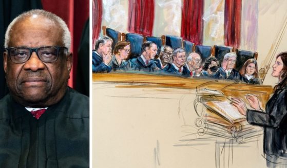 A courtroom artist's sketch, right, depicts Center for Reproductive Rights Litigation Director Julie Rikelman speaking to the Supreme Court, Wednesday in Washington, D.C. Associate Justice Clarence Thomas, left, had some pointed questions during the session.