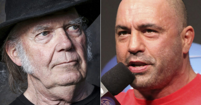 This combination photo shows Neil Young in Calabasas, California, on May 18, 2016, left, and UFC announcer and podcaster Joe Rogan before a UFC on FOX 5 event in Seattle, Dec. 7, 2012. Spotify said Sunday that it will add content advisories before podcasts discussing the coronavirus.