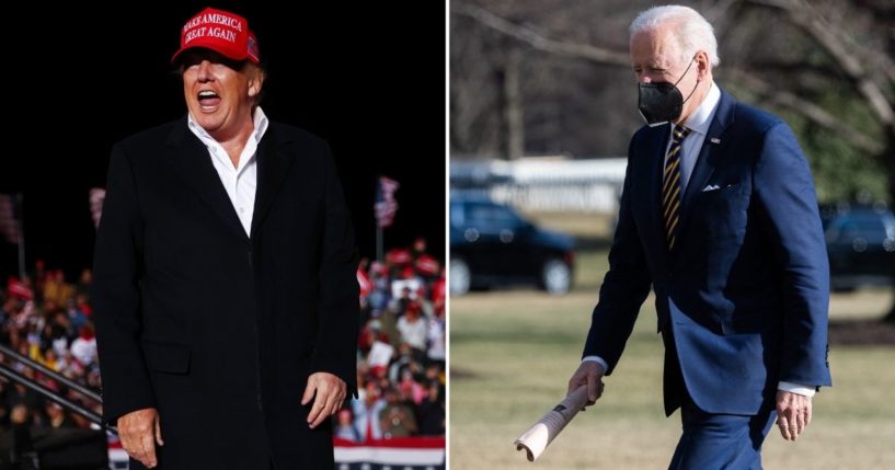 Former President Donald Trump, left, departs after speaking at a rally on Jan. 15 in Florence, Arizona. President Joe Biden walks across the South Lawn at the White House in Washington, D.C., on Thursday.