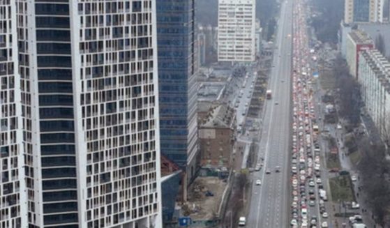 Traffic jams are seen as people try to flee Kyiv, Ukraine, Thursday. Russian President Vladimir Putin announced a military operation in Ukraine and warned other countries that any attempt to interfere with the Russian action would lead to 'consequences you have never seen.'