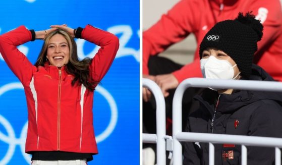 Olympic gold medalist Eileen Gu, left, the American-born woman skiing for China; right, Chinese tennis star Peng Shuai in a surgical mask