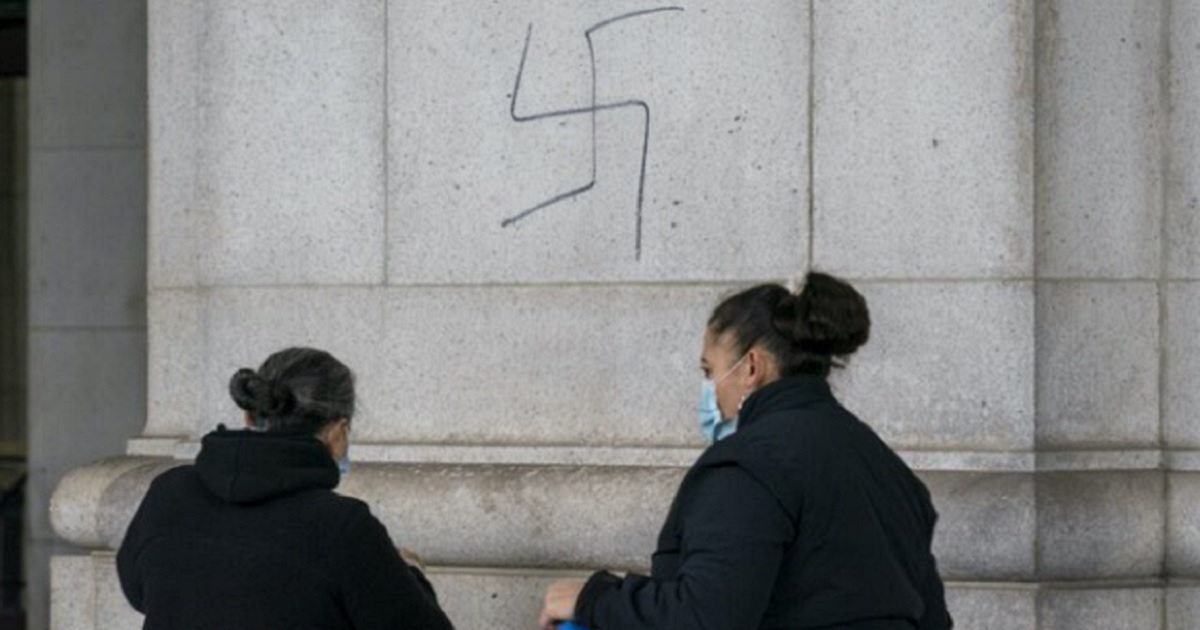 A swastika on a column at Union Station in Washington, D.C.