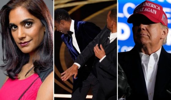 CNN analyst Asha Rangappa, left, took to Twitter to blame former President Donald Trump, right, for normalizing violence, such as Will Smith hitting Chris Rock during the Oscars on Sunday night.