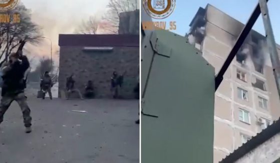 In a Telegram video posted by Islamist dictator Ramzan Kadyrov, Chechen troops fire on a Mariupol apartment building with no Ukraine troops in sight.