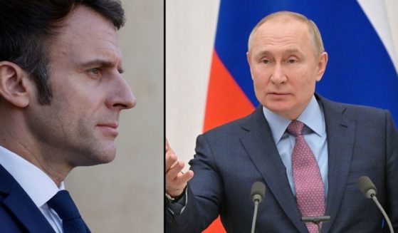 French President Emmanuel Macron, left, looks on at the Elysee Palace in Paris on Monday. Russian President Vladimir Putin speaks during a news conference at the Kremlin in Moscow on Feb. 18.