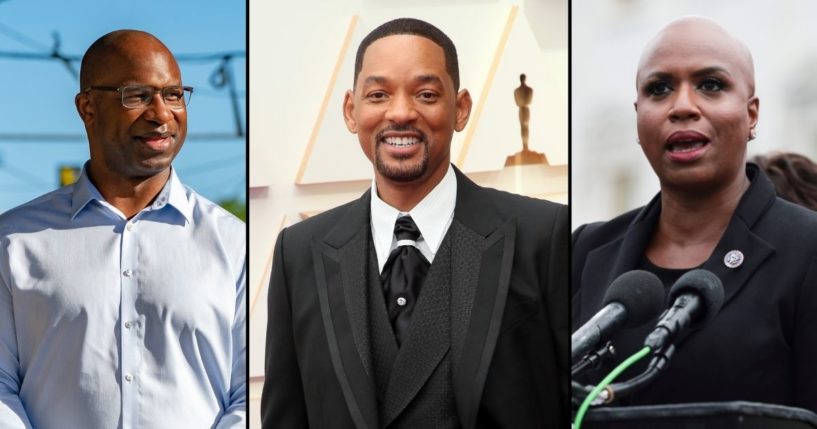 Jamaal Bowman, left, is seen on June 17, 2020, in the Bronx borough of New York City. Will Smith, center, attends the 94th Academy Awards on Sunday in Hollywood, California. Rep. Ayanna Pressley speaks during a news conference on Sep. 22, 2021, in Washington, D.C.