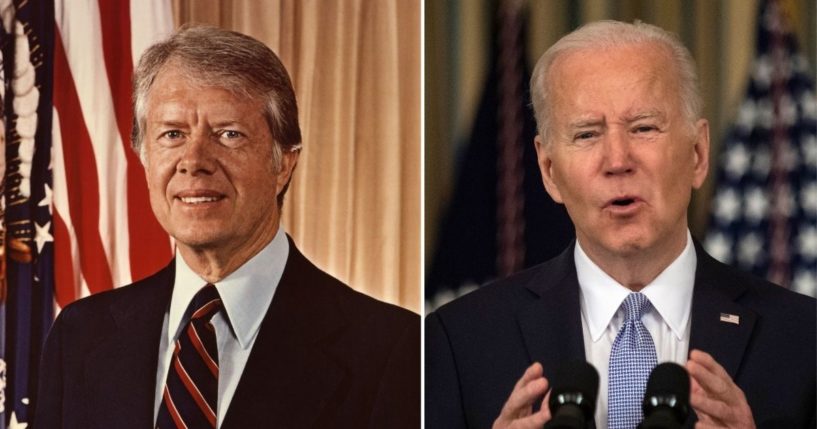 Former President Jimmy Carter, left, is seen circa 1980. President Joe Biden speaks from the State Dining Room of the White House in Washington, D.C., on Frday.