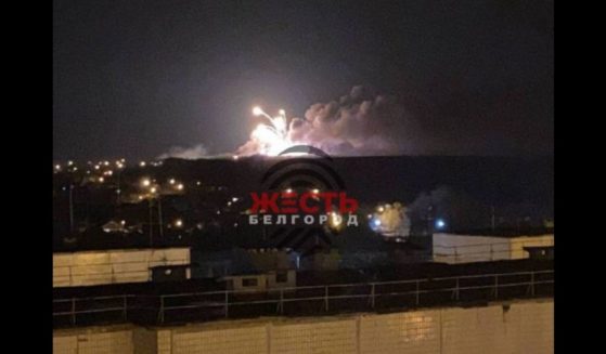 A building filled with munitions in the Russian border city of Belgorod is consumed in a large explosion.