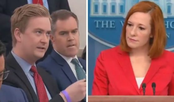 Fox News reporter Peter Doocy, left; White House press secretary Jen Psaki, right.