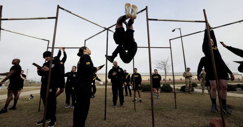 U.S Army troops training to serve as instructors participate in the new Army combat fitness test at the 108th Air Defense Artillery Brigade compound at Fort Bragg, North Carolina, on Jan. 8, 2019.