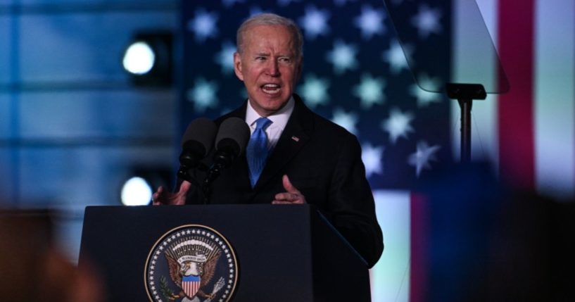 President Joe Biden delivers a speech on March 26 in Warsaw, Poland.