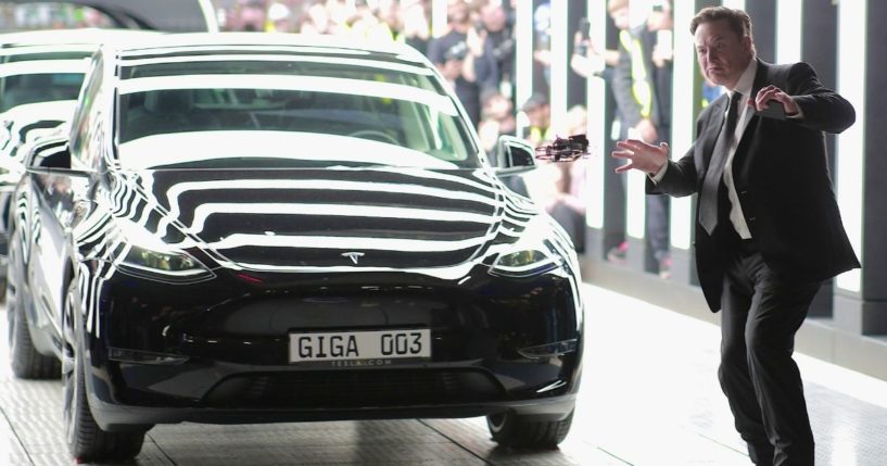 Tesla CEO Elon Musk attends the official opening of the Tesla electric car manufacturing plant near Gruenheide, Germany, on March 22.