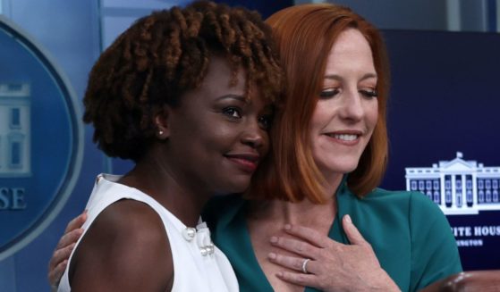 White House press secretary Jen Psaki, right, introduces her replacement, Karine Jean-Pierre, during the daily White House news briefing at the James S. Brady Press Briefing Room of the White House in Washington on Thursday.