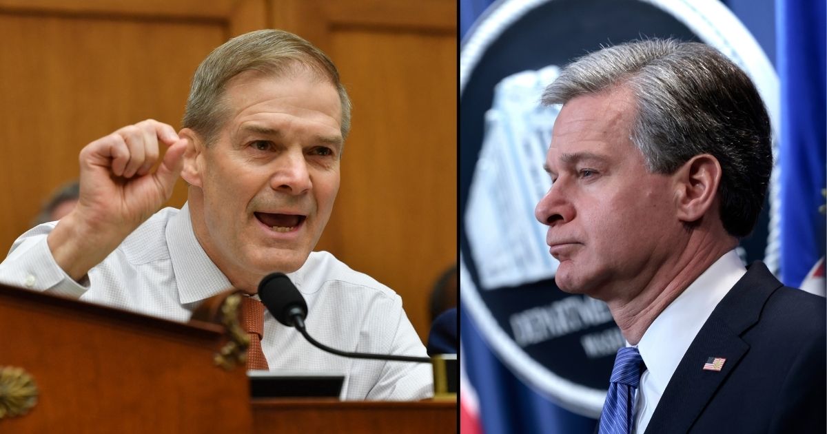 Rep. Jim Jordan, left, speaks during a House committee hearing on Capitol Hill in Washington, D.C., on April 28. FBI Director Christopher Wray listens during a news conference at the U.S. Justice Department on April 6 in Washington, D.C.