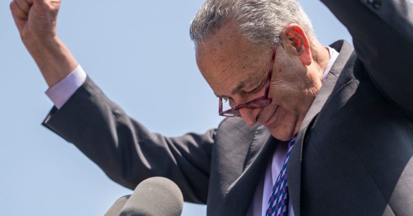 Senate Majority Leader Chuck Schumer speaks during a rally on Wednesday in Washington, D.C.