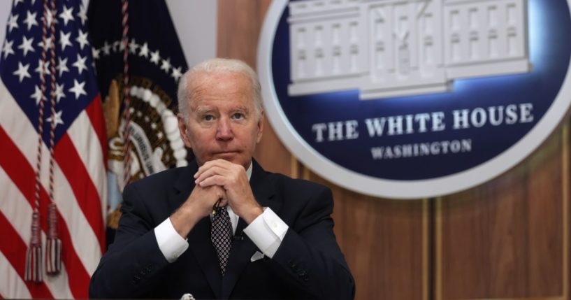 President Joe Biden participates in a virtual meeting in the Eisenhower Executive Office Building on Friday in Washington, D.C.