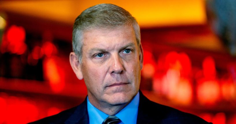 Republican Rep. Barry Loudermilk of Georgia, listens to a speaker at a press conference on May 4, 2021, in Marietta, Georgia.