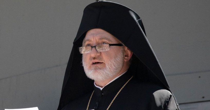 Archbishop Elpidophoros delivers remarks during a ceremony at the St. Nicholas Greek Orthodox Church located at the World Trade Center in New York City on Aug. 3, 2020.