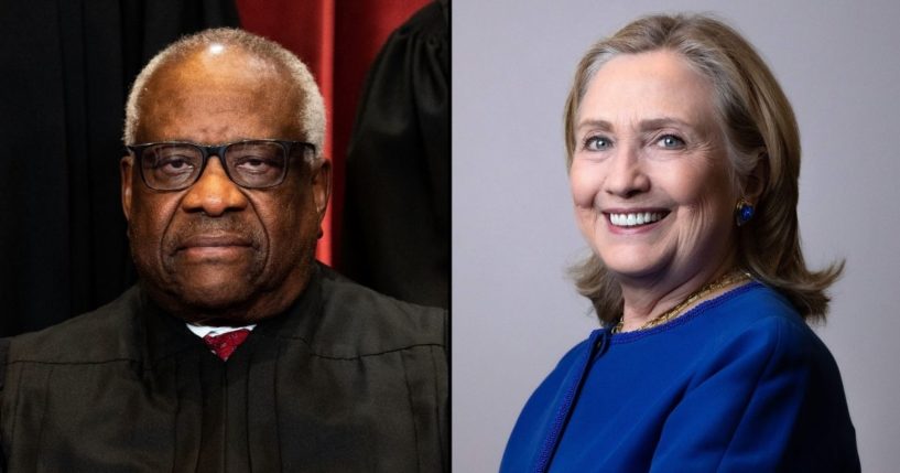 Justice Clarence Thomas, left, sits for a group photo of the Supreme Court justices in Washington, D.C., on April 23, 2021. Hillary Clinton poses during a photo session in Paris on June 10.