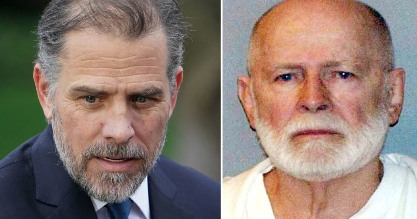 Hunter Biden, left, is seen on the South Lawn of the White House in Washington, D.C., on April 18. The booking photo on the right shows James "Whitey" Bulger on June 23, 2011.