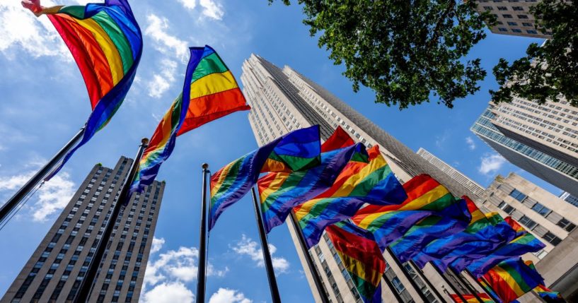 Rockefeller Plaza is decorated with rainbow flags on June 29 in New York City.