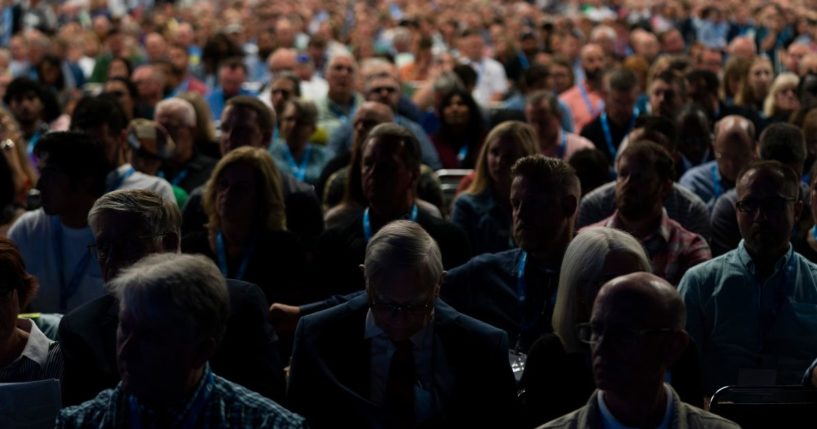 Attendees listen during the annual meeting of the Southern Baptist Convention in Anaheim, California, on June 14.