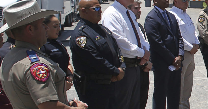 Uvalde School Police Chief Pete Arredondo stands outside of Robb Elementary school in Uvalde, Texas, during a press conference on May 26.