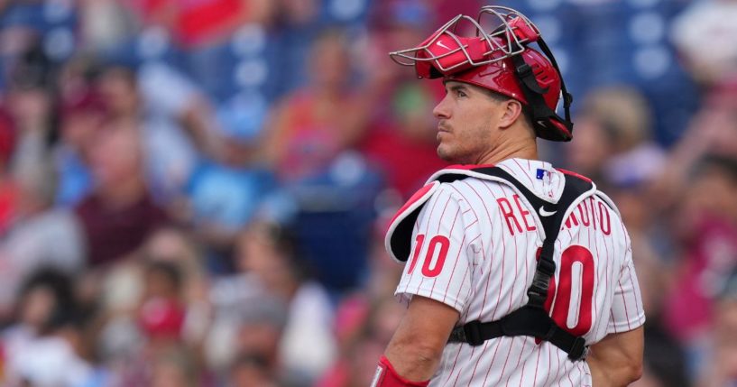 J.T. Realmuto of the Philadelphia Phillies looks on against the Washington Nationals on July 5 in Philadelphia.