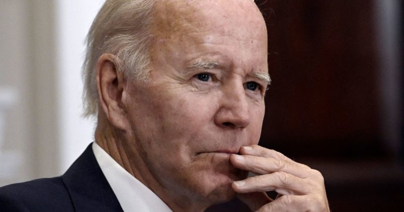 On Friday, President Joe Biden sits in a meeting in the White House on Women's Equality Day to discuss reproductive health care.