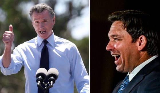 California Gov. Gavin Newsom, left, speaks during a visit to Chabot Space & Science Center on Aug. 12 in Oakland, California. Florida Gov. Ron DeSantis speaks in Hialeah, Florida, on Aug. 23.