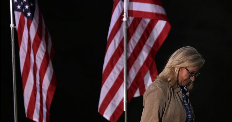 Rep. Liz Cheney departs after speaking to supporters on Tuesday in Jackson, Wyoming.