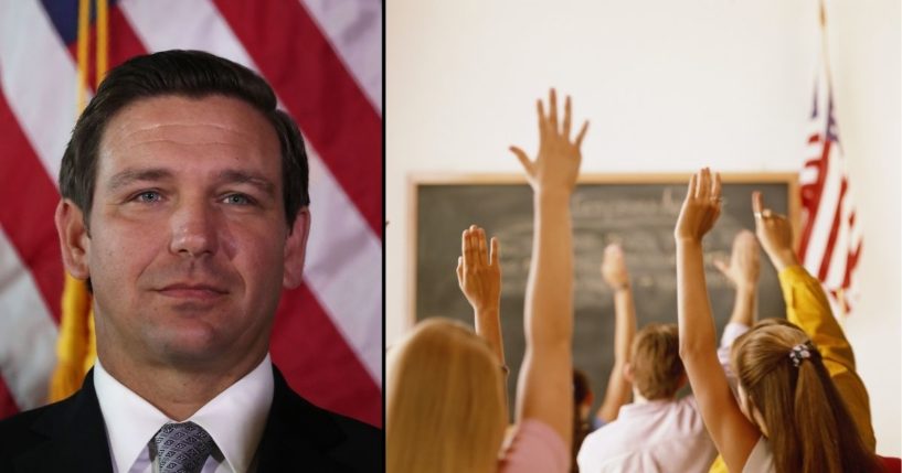 Gov. Ron DeSantis attends an event at the Freedom Tower on Jan. 9, 2019, in Miami, Florida. Students raise their hands in the stock image on the right.