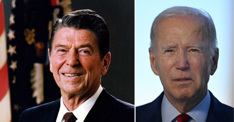 President Ronald Reagan, left, poses for his official portrait in 1981. President Joe Biden speaks from the White House on Monday in Washington, D.C.