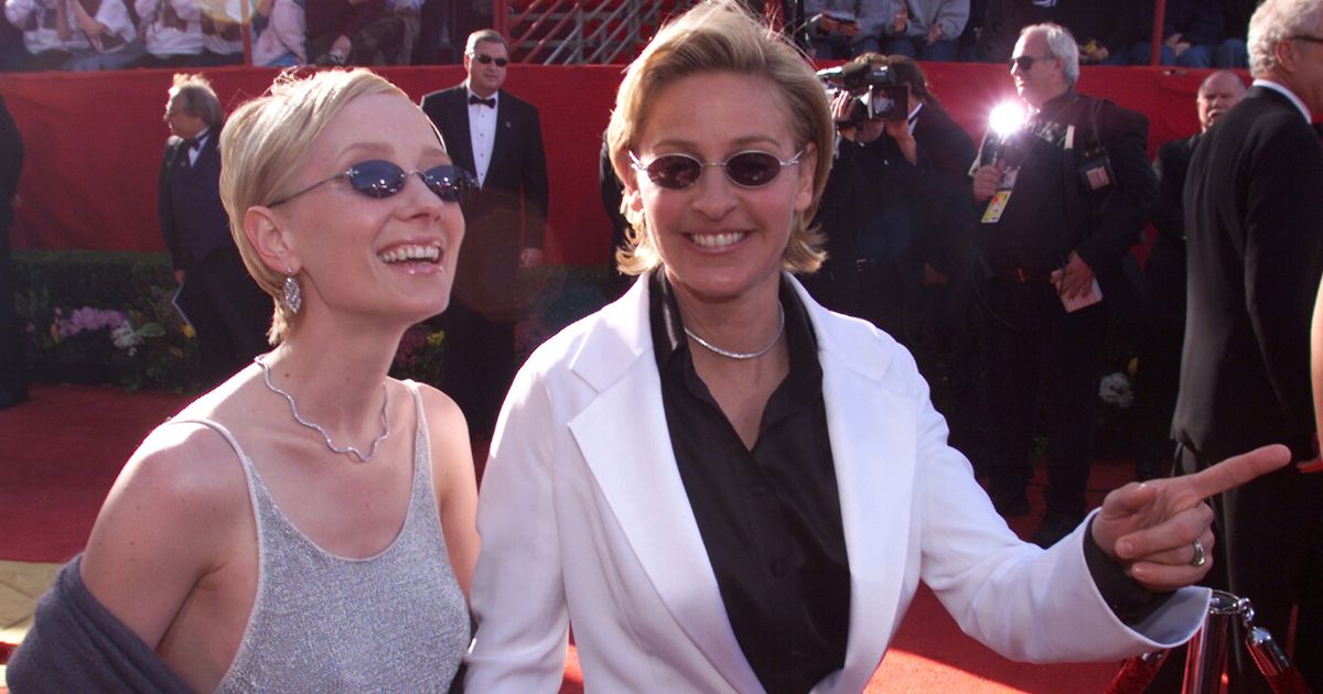 Actress Anne Heche, who died Friday, is pictured in a 1999 file photo arriving at the Oscars with then-partner Ellen DeGeneres