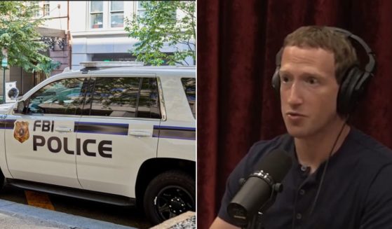 An FBI police car, left; Meta CEO Mark Zuckerberg, right.