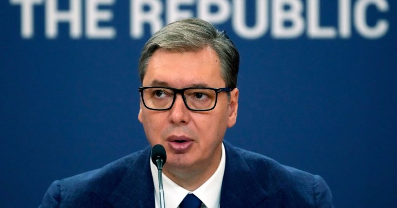 Serbian President Aleksandar Vucic addresses the nation at a news conference in Belgrade, Serbia, on Sunday.