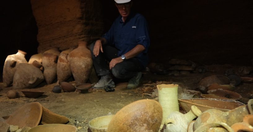 Inside the ancient burial cave found at Palmachim Beach. Photo by Emil Aladjem/Israel Antiquities Authority