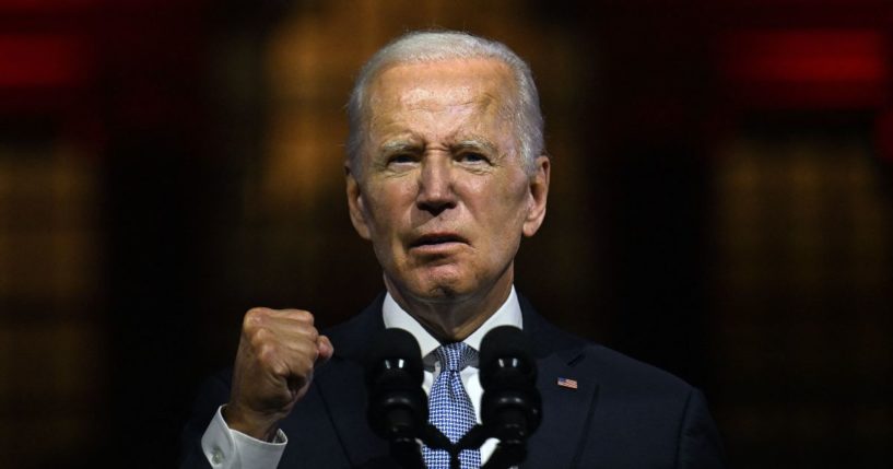 President Joe Biden speaks outside of Independence National Historical Park in Philadelphia on Thursday.