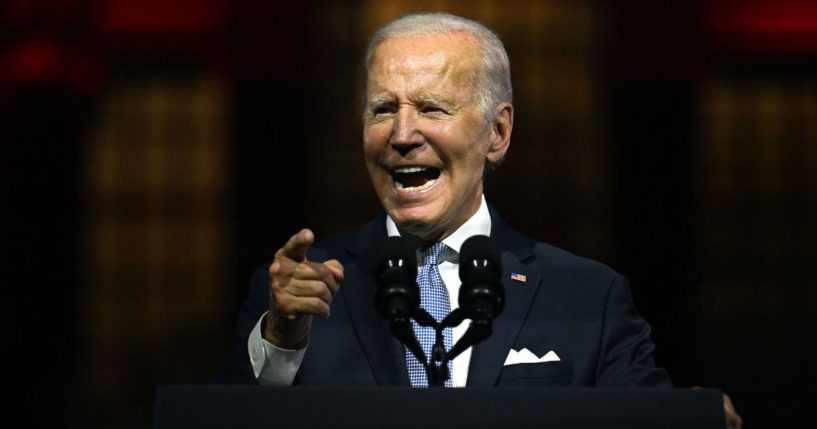 President Joe Biden speaks outside of Independence National Historical Park in Philadelphia on Sept. 1.