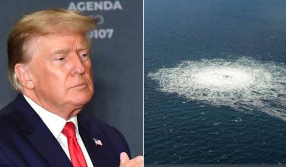 Former President Donald Trump, left; bubles in the Baltic Sea from a leak in the Nord Stream 2 pipeline, right.